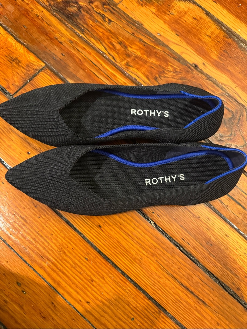 Rothy's Black Pointed Knit Flats with Blue Trim - Picture 2 of 8